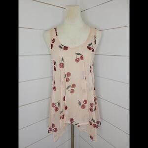 Tramp Y2K medium pink with red cherries sheer sleeveless top